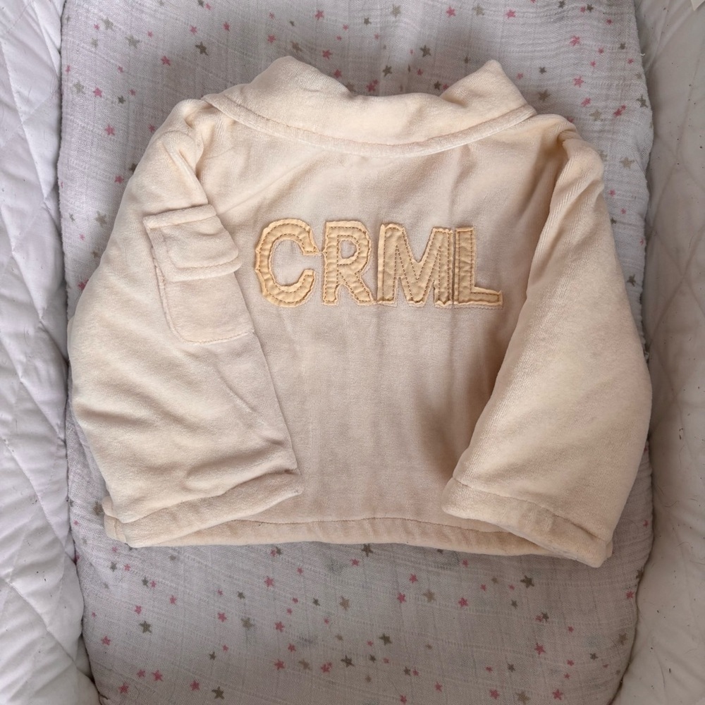 ⭒ 6M VTG Cream Chunky Jacket Embroidered Bear Pockets Collar Velour ⭒ - Picture 9 of 13